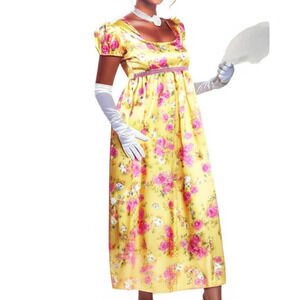 Regency Romance Women's Dress Large XL Yellow Bridgerton Floral Empire Waist NWT